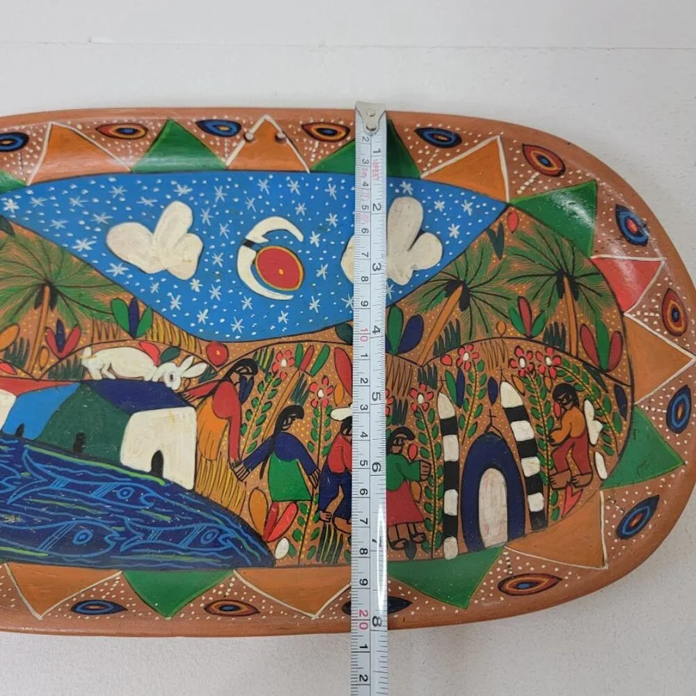 Mexican Hand Painted Folk Art Oval Clay Tray Platter Terracotta Wall Decor Fish - Picture 8 of 9